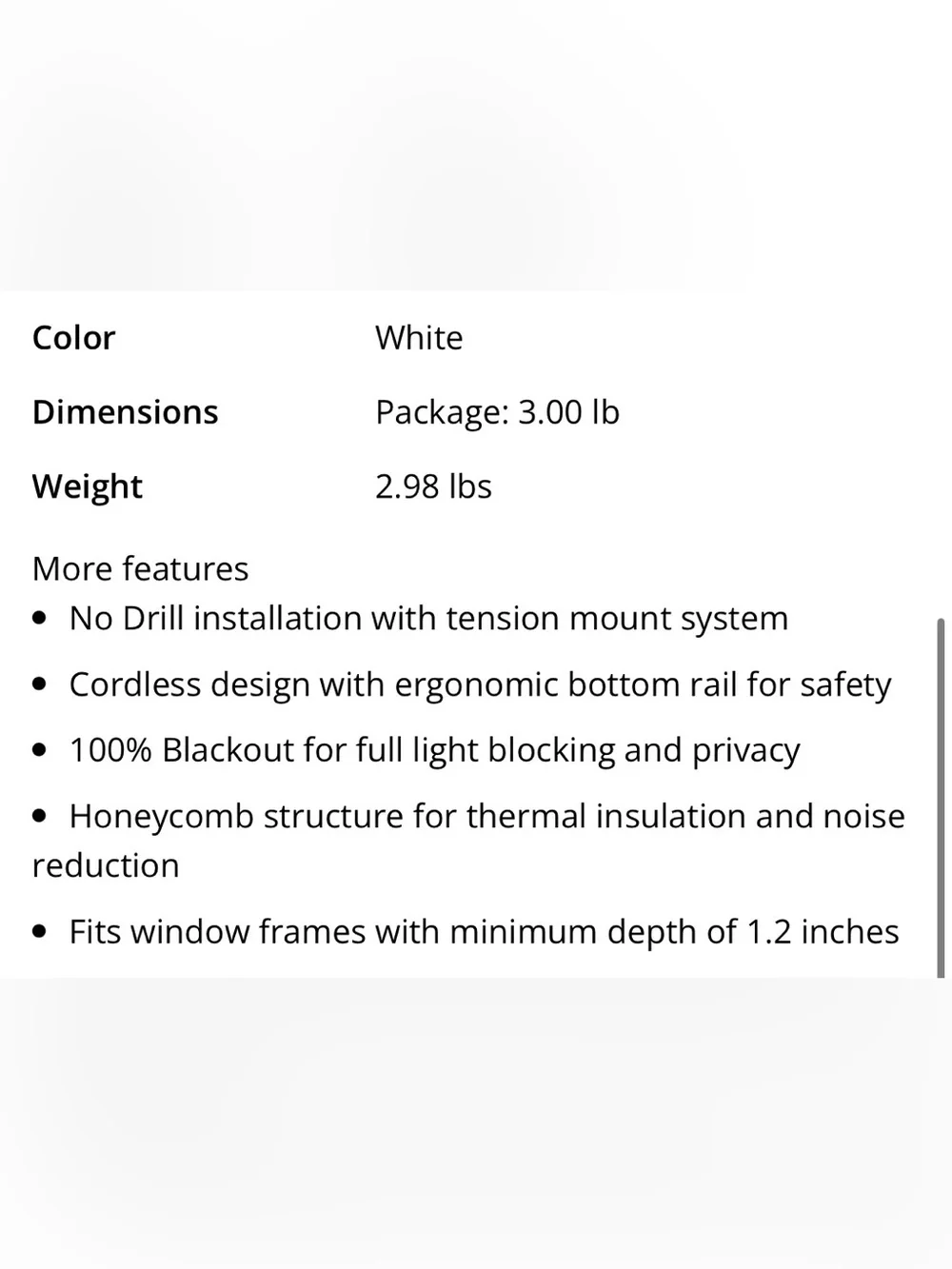 No Drill 100% Blackout Cellular Shade Cordless 34”W 48”L WHITE